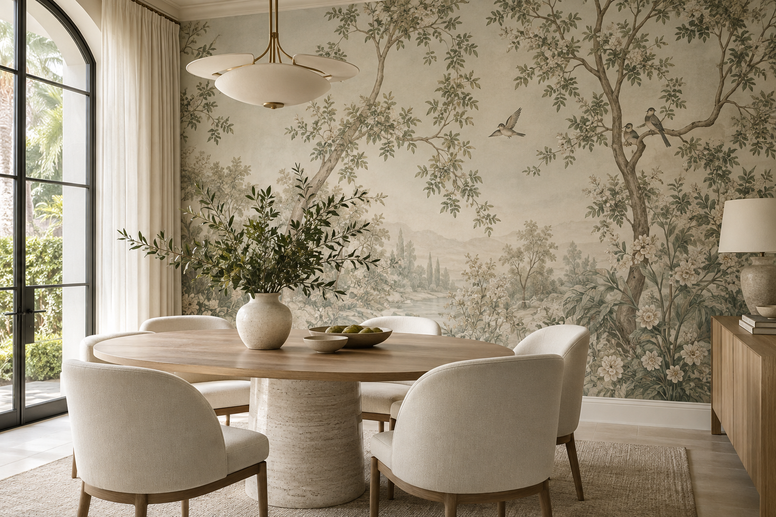 Warm, light-filled interior with sculptural furniture and botanical wallcovering